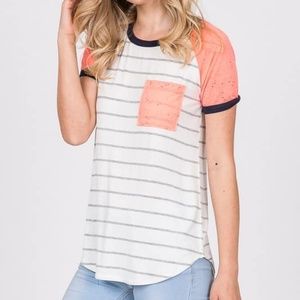 Neon Coral Stripe Raglan Sleeve Top